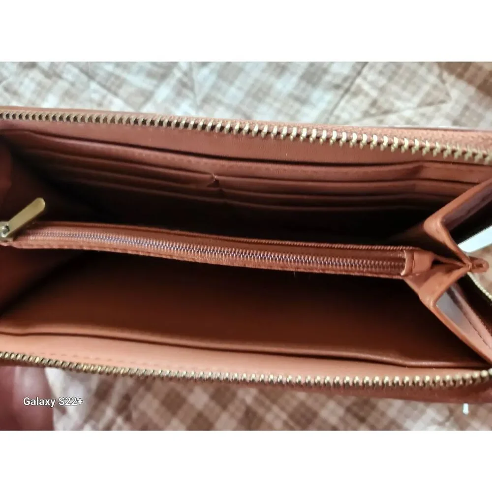 Brown faux leather zip wallet 3 pockets card pockets hand strap studded design